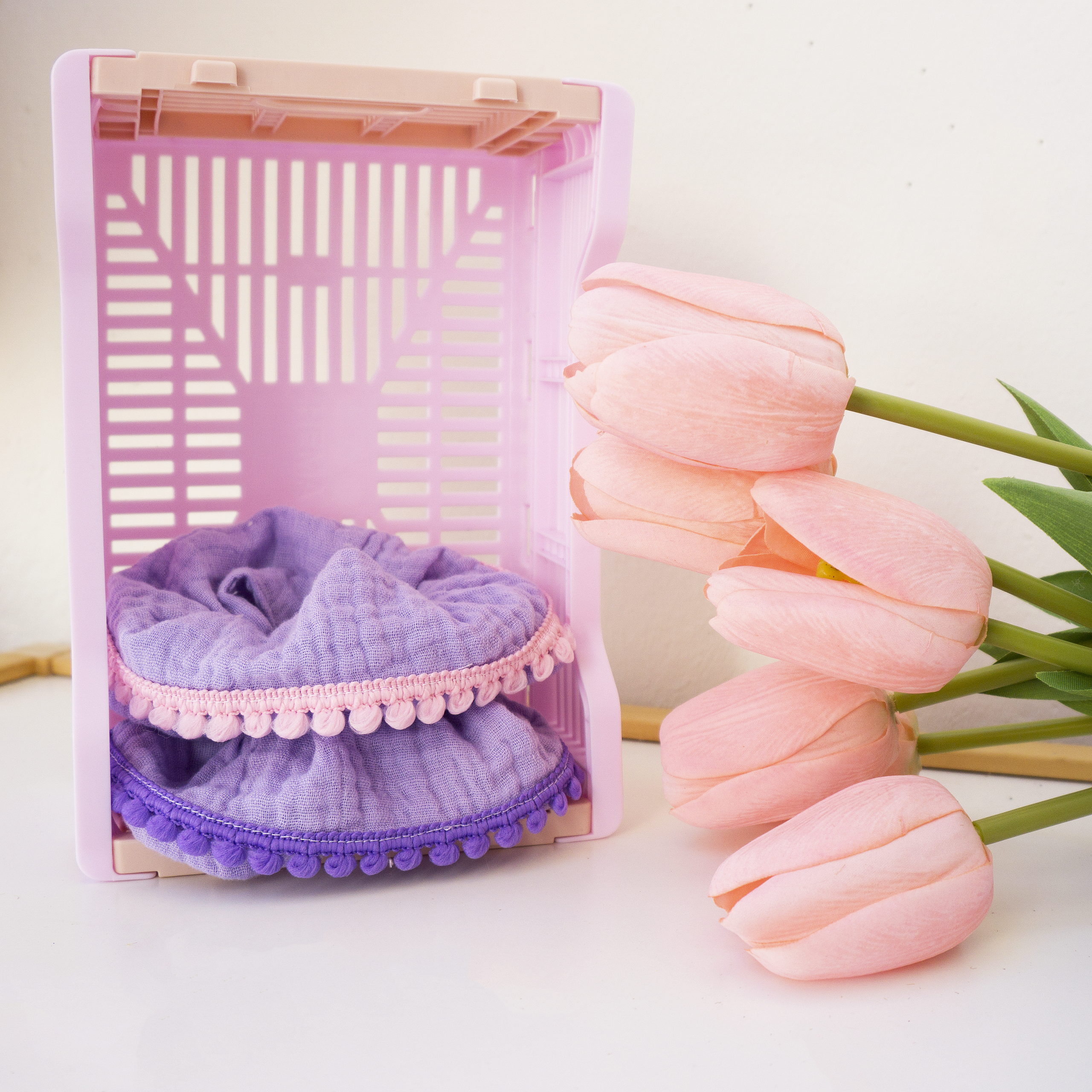 Chouchous gaze de coton - Lilas avec pompons